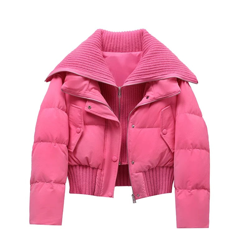 Dames Korte Puffer Winterjas Gewatteerd met Ribgebreide Kraag