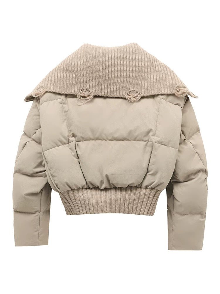 Dames Korte Puffer Winterjas Gewatteerd met Ribgebreide Kraag