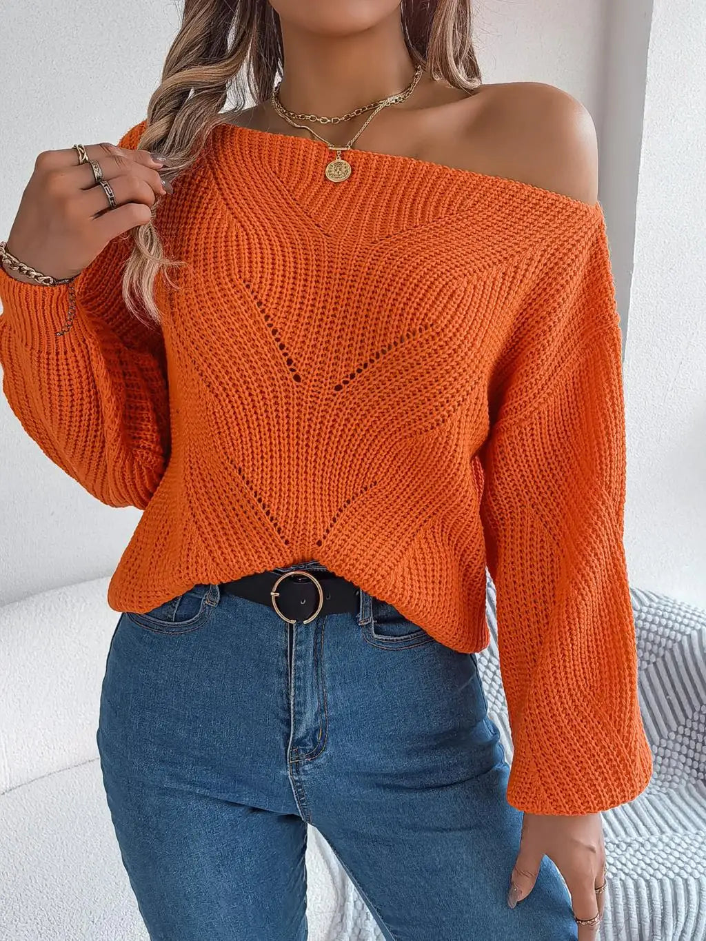 Dames Gebreide Trui Met Off-Shoulder En Chevron Patroon In Loose Fit