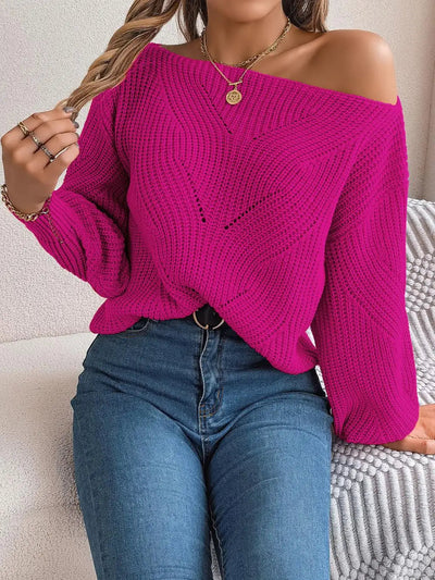 Dames Gebreide Trui Met Off-Shoulder En Chevron Patroon In Loose Fit