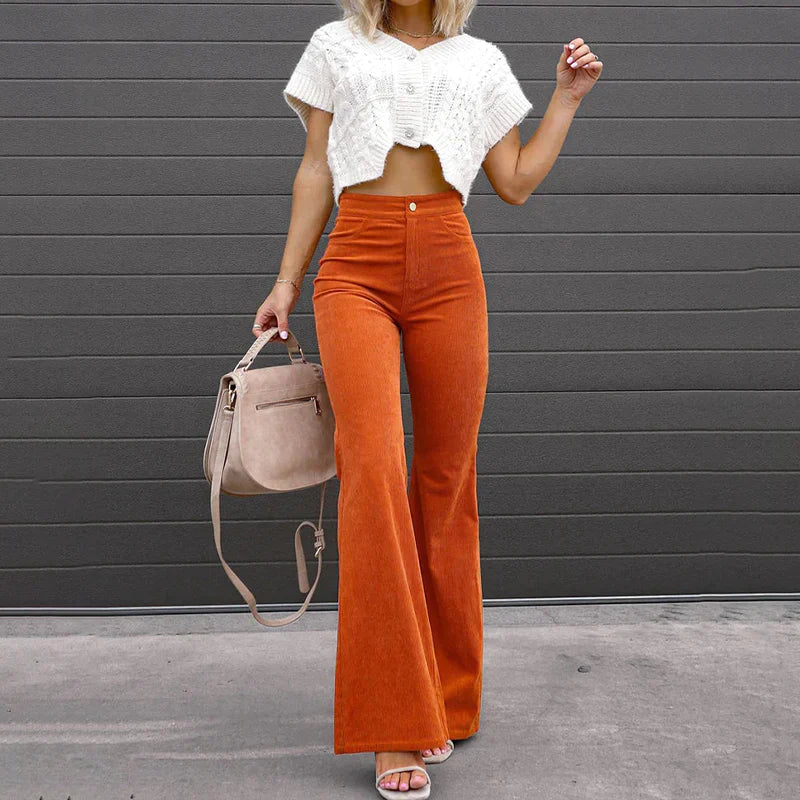 Dames Flared Broek Met Hoge Taille En Enkele Knoopsluiting