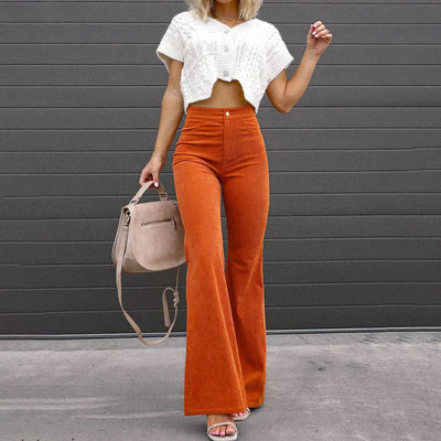 Dames Flared Broek Met Hoge Taille En Enkele Knoopsluiting