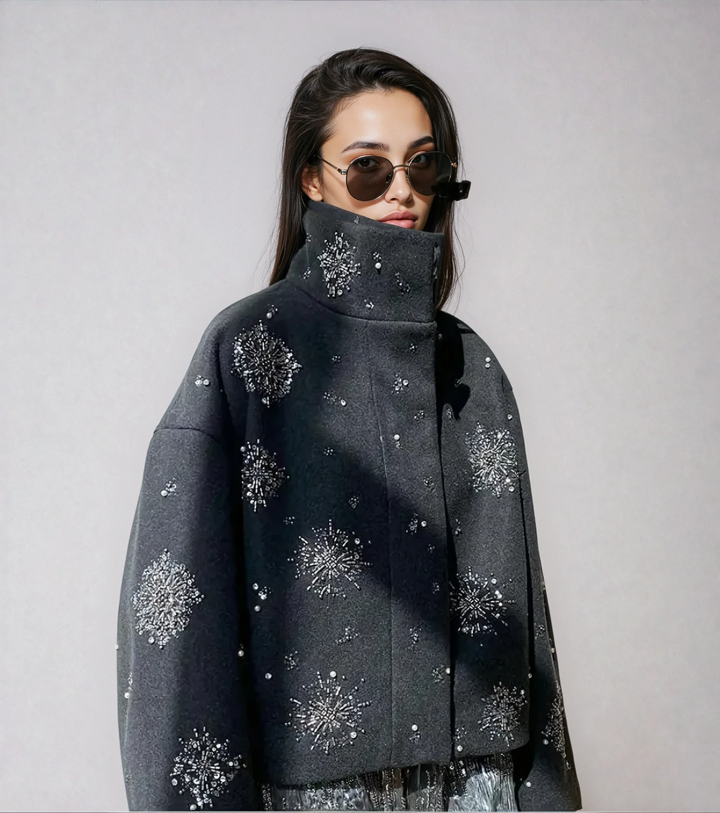 Dames Geborduurde Peacoat Jas Met Kralen En Hoge Kraag
