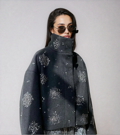 Dames Geborduurde Peacoat Jas Met Kralen En Hoge Kraag