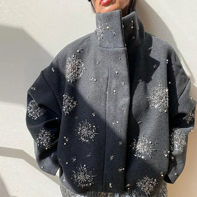 Dames Geborduurde Peacoat Jas Met Kralen En Hoge Kraag