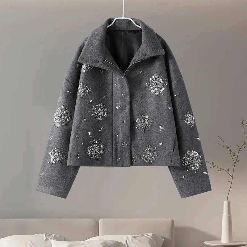 Dames Geborduurde Peacoat Jas Met Kralen En Hoge Kraag