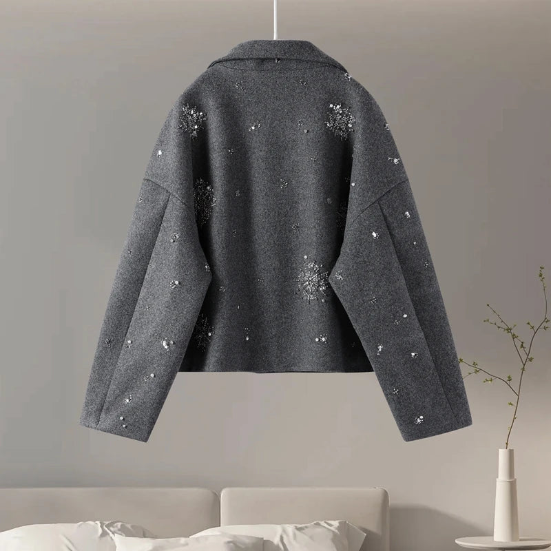 Dames Geborduurde Peacoat Jas Met Kralen En Hoge Kraag