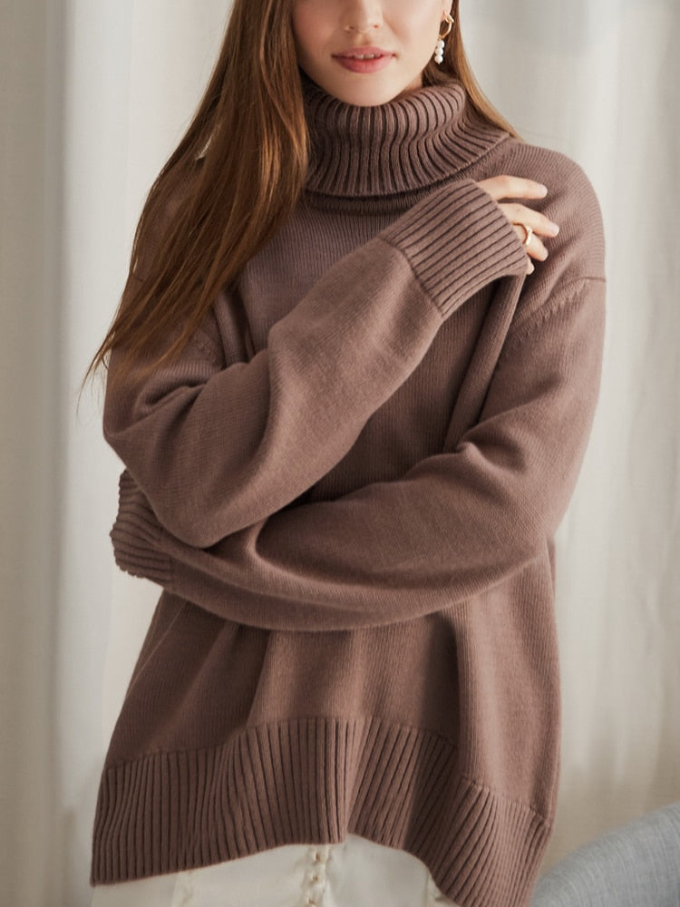 Dames Casual Oversized Gebreide Coltrui In Effen Kleur Met Lange Mouwen