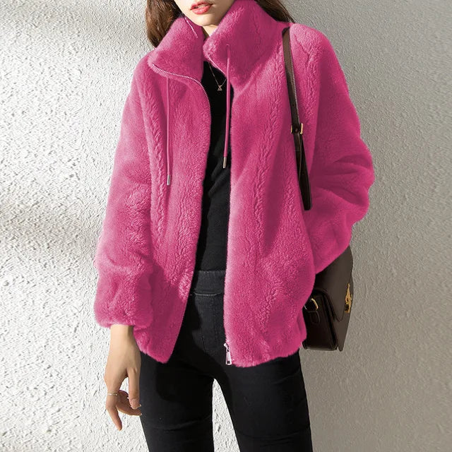 Dames Fleece Jas Met Colkraag En Trekkoord