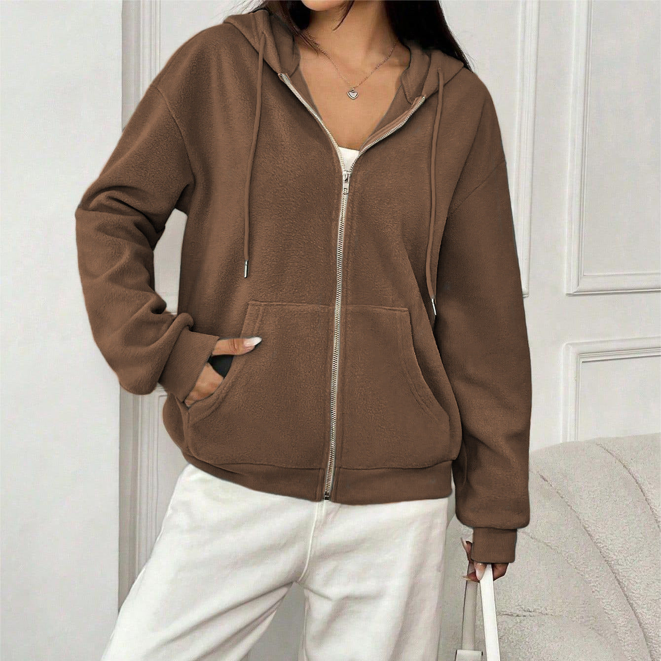 Dames Fleece Hoodie Met Ritssluiting En Capuchon Met Zakken
