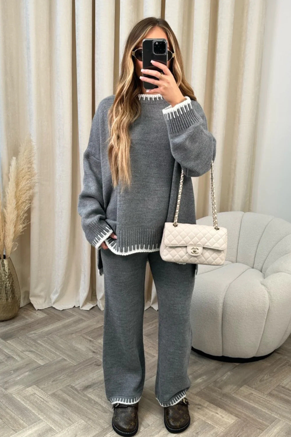 Dames Gebreide Tweedelige Set Met Trui En Wijde Broek