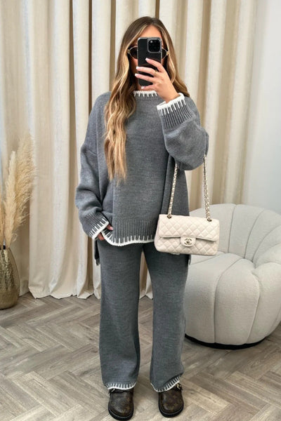 Dames Gebreide Tweedelige Set Met Trui En Wijde Broek