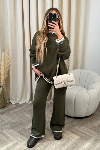 Dames Gebreide Tweedelige Set Met Trui En Wijde Broek
