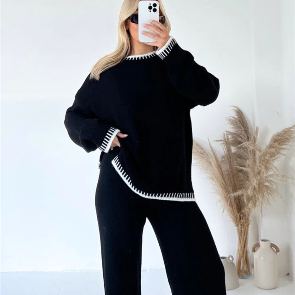 Dames Gebreide Tweedelige Set Met Trui En Wijde Broek