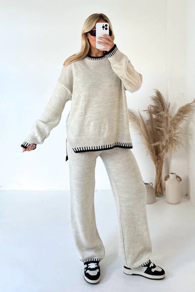 Dames Gebreide Tweedelige Set Met Trui En Wijde Broek