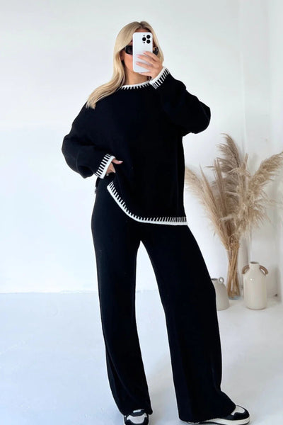 Dames Gebreide Tweedelige Set Met Trui En Wijde Broek