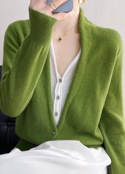 Dames Wollen Gebreide Cardigan Met V-Hals En Patchwork Design