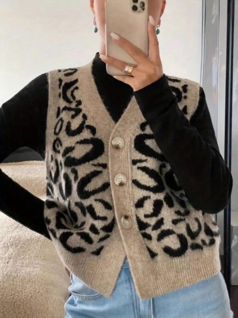 Dames Gebreid Mouwloos Vest Met Luipaardprint En Knoopsluiting