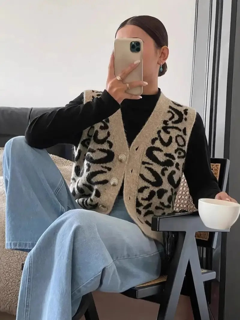Dames Gebreid Mouwloos Vest Met Luipaardprint En Knoopsluiting