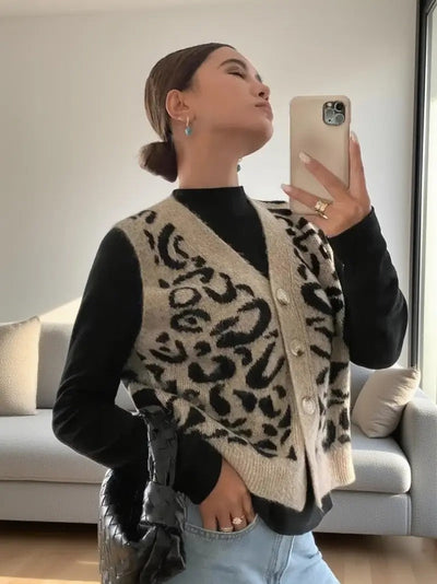 Dames Gebreid Mouwloos Vest Met Luipaardprint En Knoopsluiting