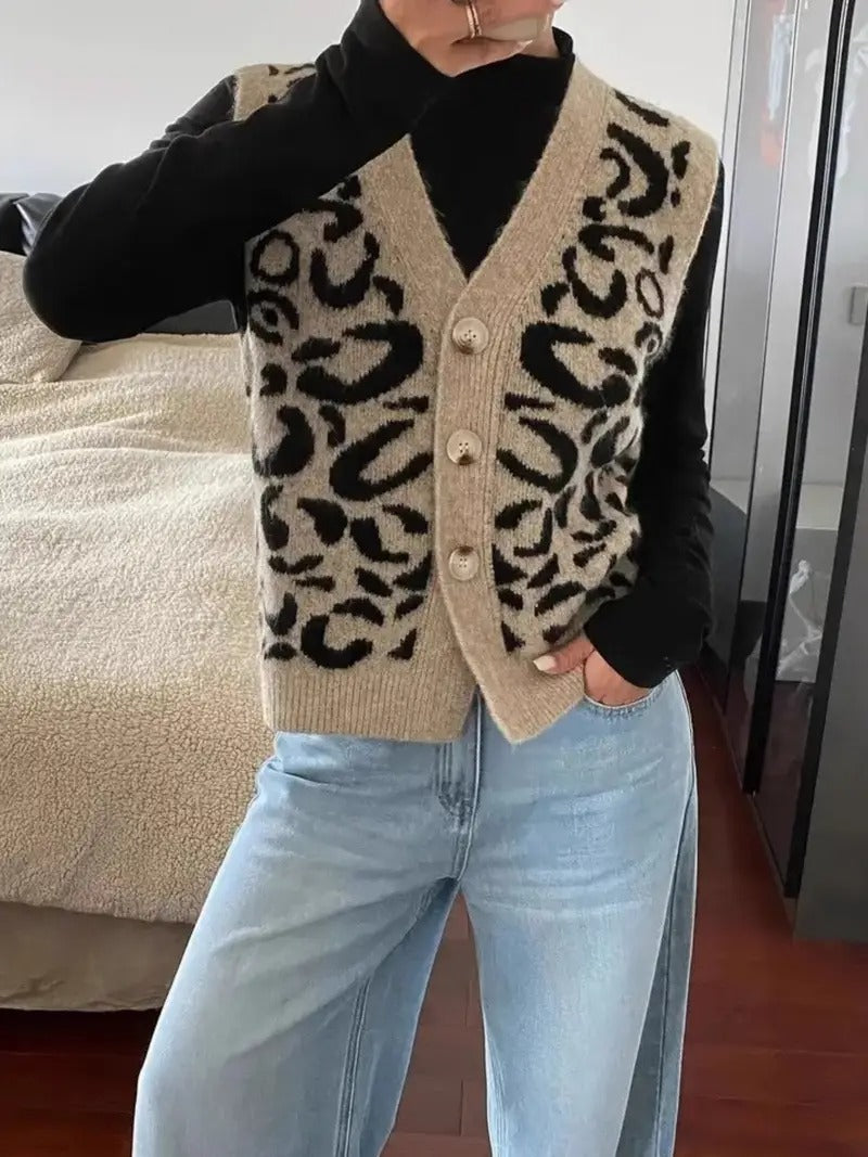 Dames Gebreid Mouwloos Vest Met Luipaardprint En Knoopsluiting