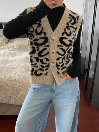 Dames Gebreid Mouwloos Vest Met Luipaardprint En Knoopsluiting