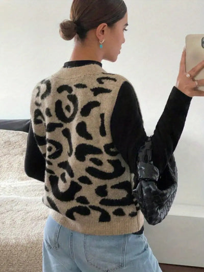 Dames Gebreid Mouwloos Vest Met Luipaardprint En Knoopsluiting