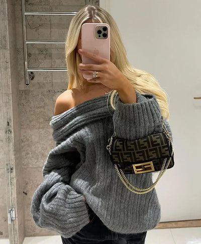 Dames Off-Shoulder Effen Gebreide Trui met Lange Mouwen