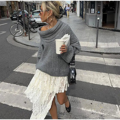Dames Off-Shoulder Effen Gebreide Trui met Lange Mouwen