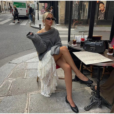 Dames Off-Shoulder Effen Gebreide Trui met Lange Mouwen