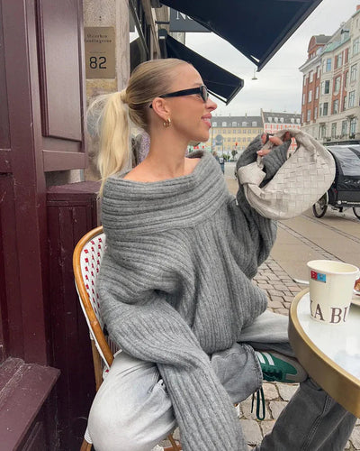 Dames Off-Shoulder Effen Gebreide Trui met Lange Mouwen