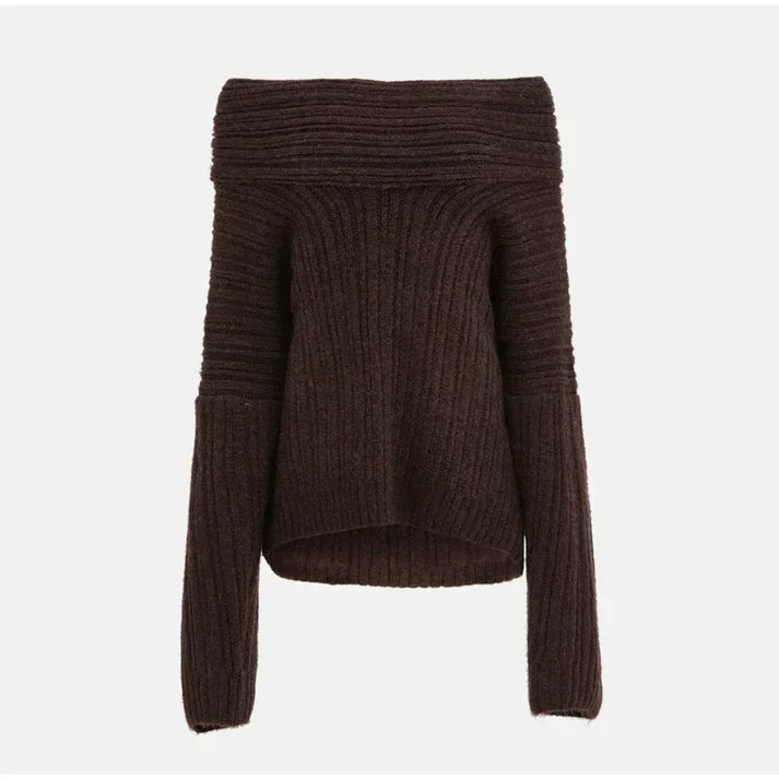 Dames Off-Shoulder Effen Gebreide Trui met Lange Mouwen