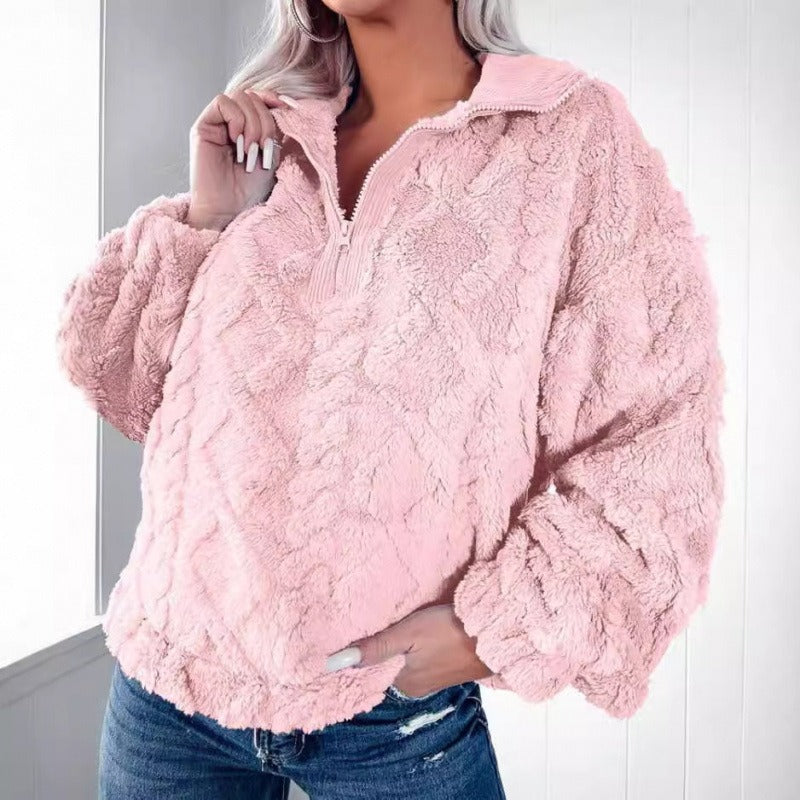 Dames Oversized Fleece Sweater Met Halve Rits En Hoge Hals