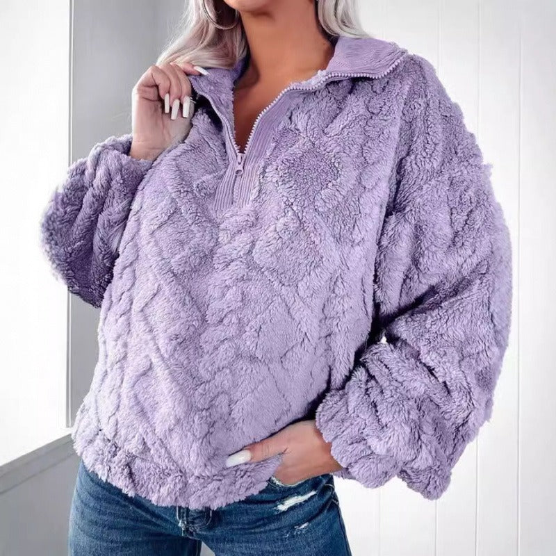 Dames Oversized Fleece Sweater Met Halve Rits En Hoge Hals