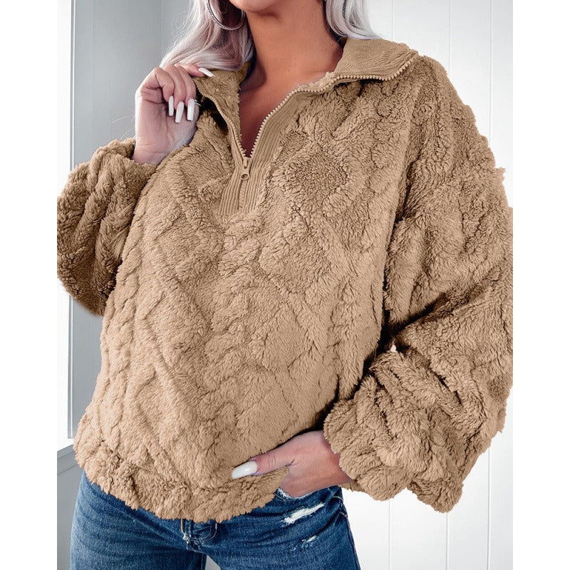 Dames Oversized Fleece Sweater Met Halve Rits En Hoge Hals
