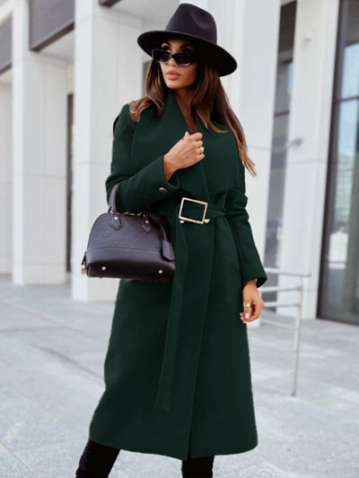 Dames Lange Jas Met Riem En Gedrapeerde Revers In Wollook