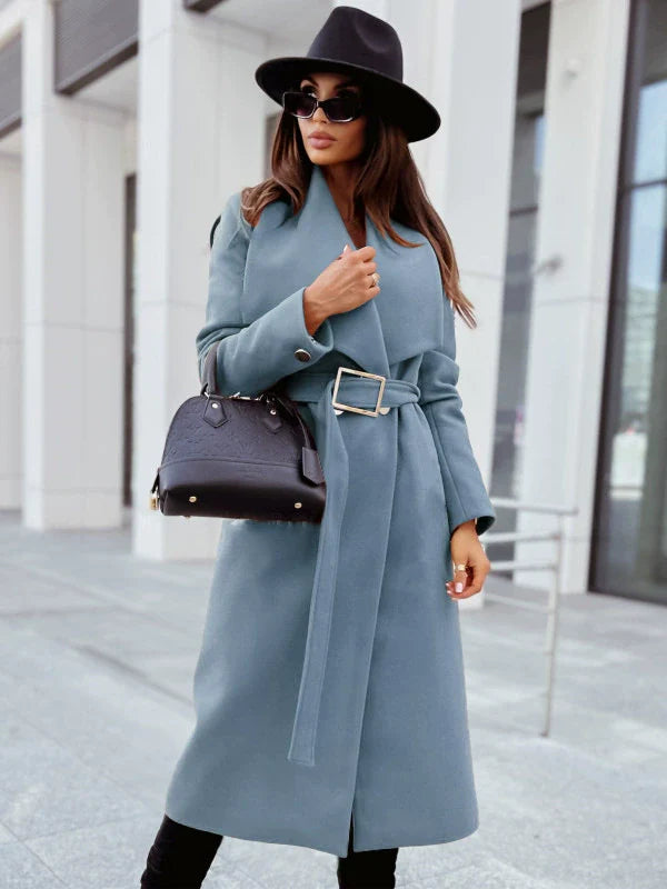 Dames Lange Jas Met Riem En Gedrapeerde Revers In Wollook