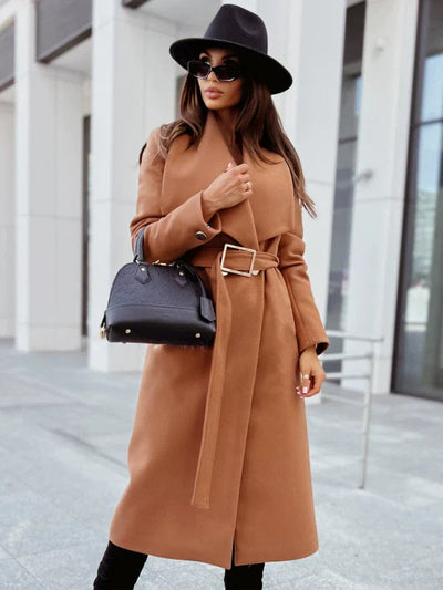 Dames Lange Jas Met Riem En Gedrapeerde Revers In Wollook