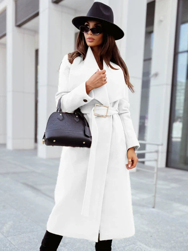 Dames Lange Jas Met Riem En Gedrapeerde Revers In Wollook