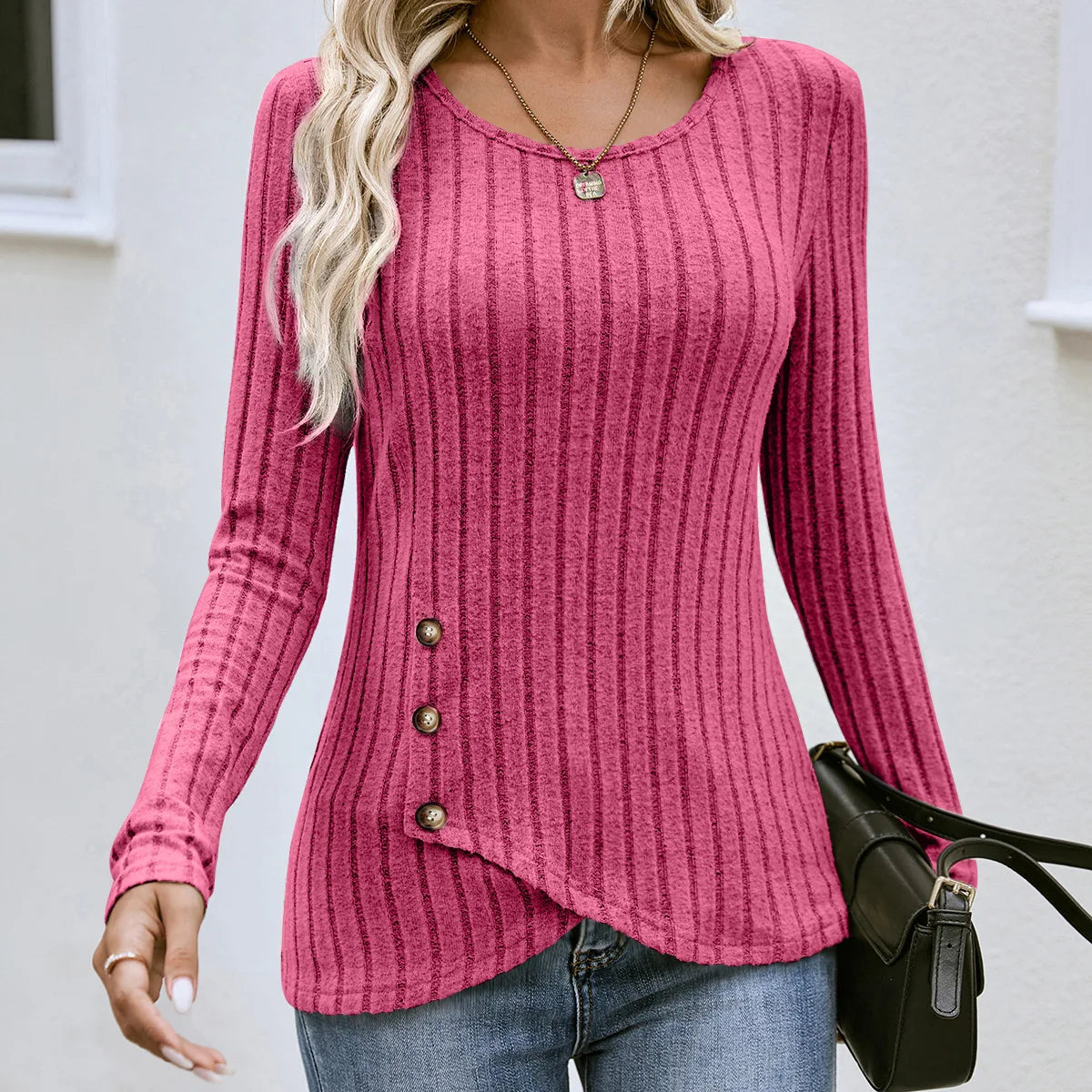 Dames Getailleerde Blouse Met Ronde Hals En Lange Mouwen