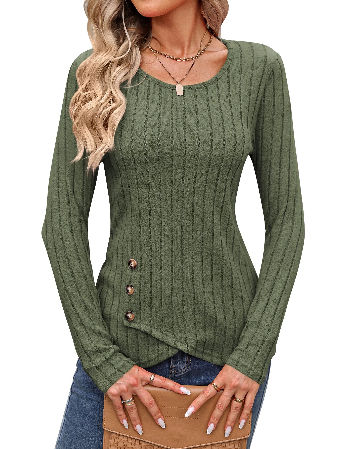 Dames Getailleerde Blouse Met Ronde Hals En Lange Mouwen