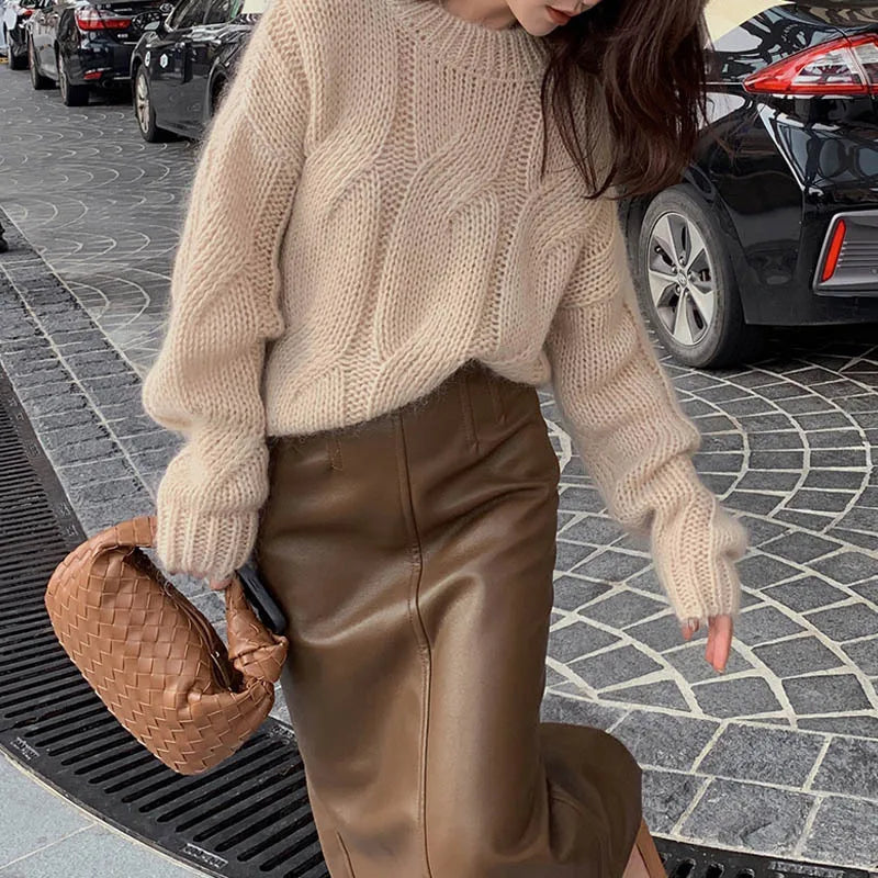 Dames Oversized Gebreide Sweater Met Kabelpatroon En Lange Mouwen