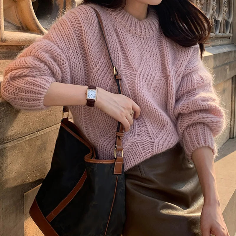 Dames Oversized Gebreide Sweater Met Kabelpatroon En Lange Mouwen