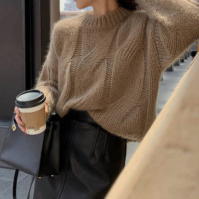 Dames Oversized Gebreide Sweater Met Kabelpatroon En Lange Mouwen