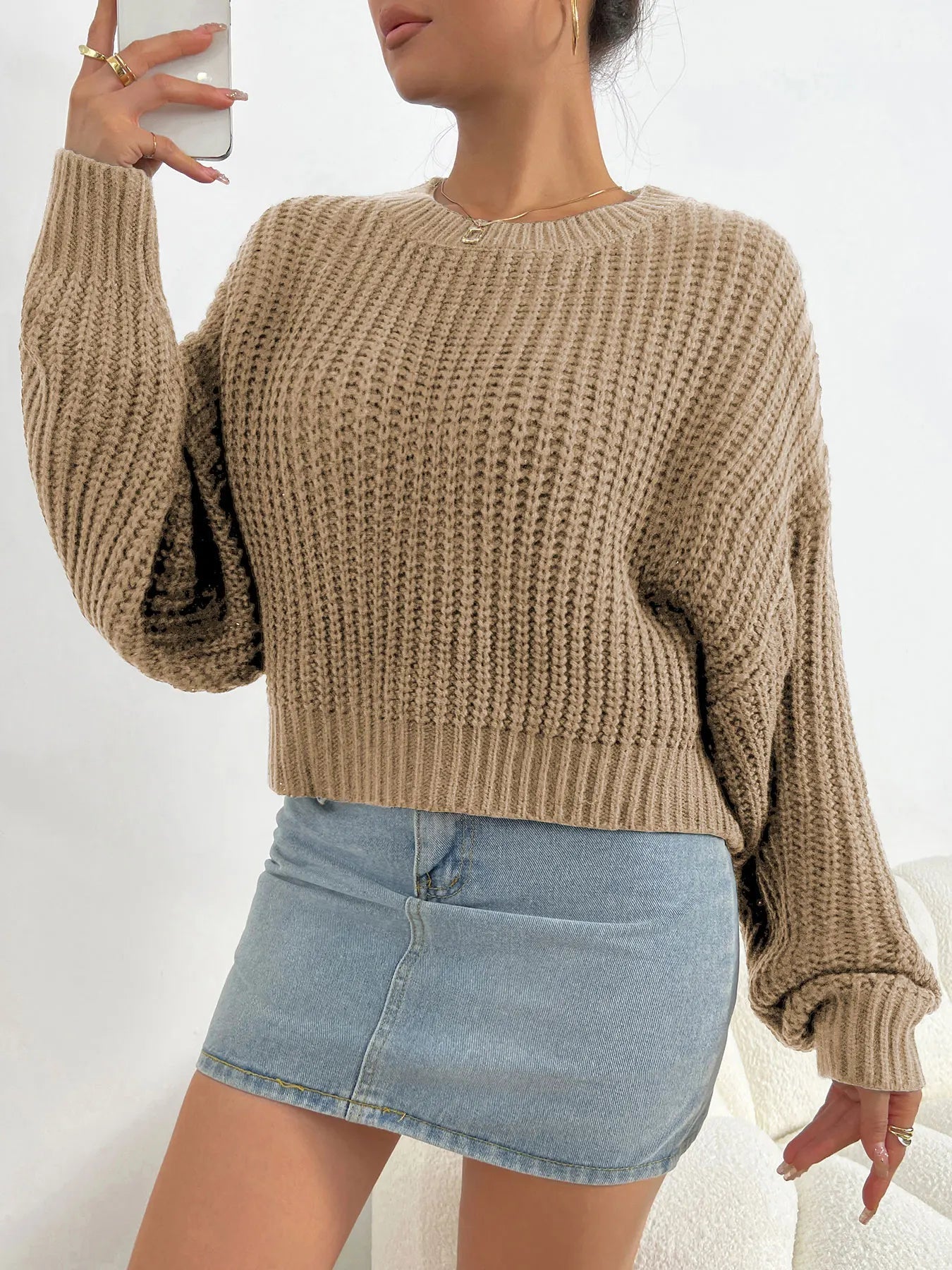 Dames Gebreide Trui Met Oversized Mouwen En Ronde Hals