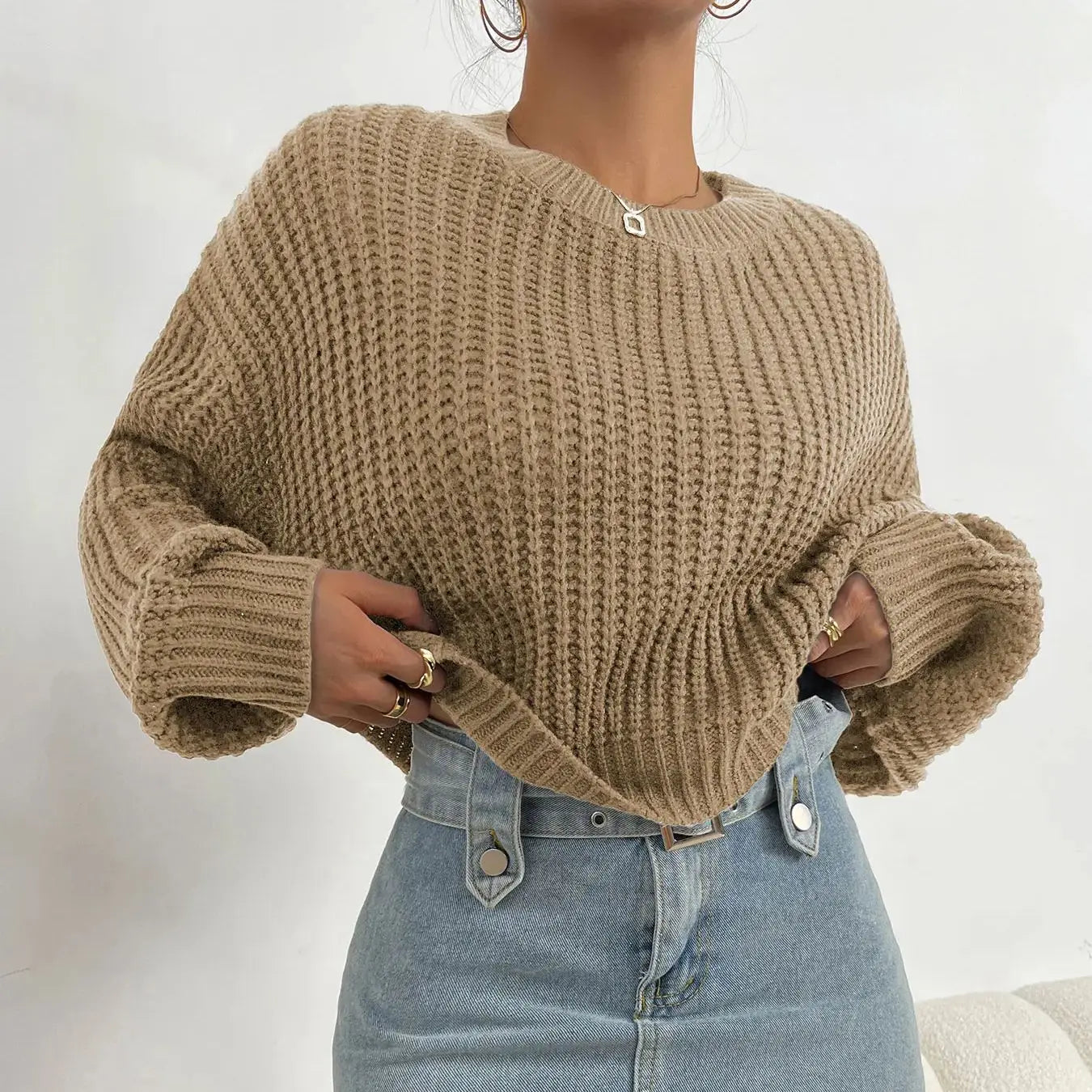 Dames Gebreide Trui Met Oversized Mouwen En Ronde Hals