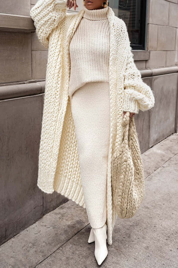 Dames Oversized Gebreide Cardigan Van Wol Met Lange Open Voorzijde