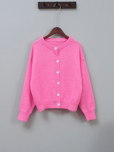 Dames Roze Cardigan Met Ronde Hals En Knoopsluiting