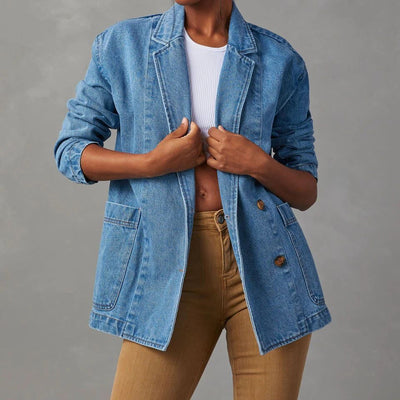 Dames Denim Blazer Met Revers En Knoopsluiting