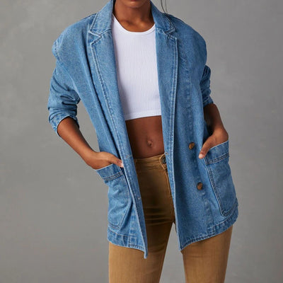 Dames Denim Blazer Met Revers En Knoopsluiting